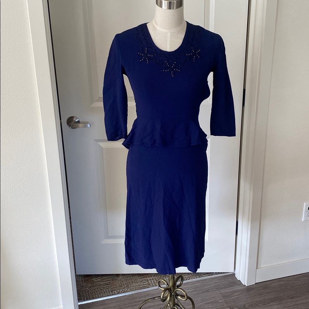 Vintage 1940s Navy Beaded Peplum Dress